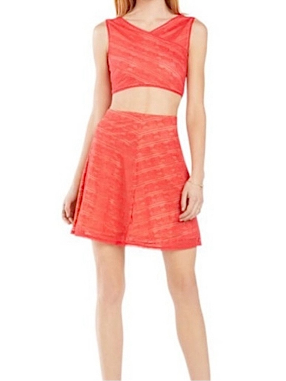 BCBGMaxAzria Ivanna Stretch Lace Two-Piece Crop Top & Skirt Set in Hibiscus